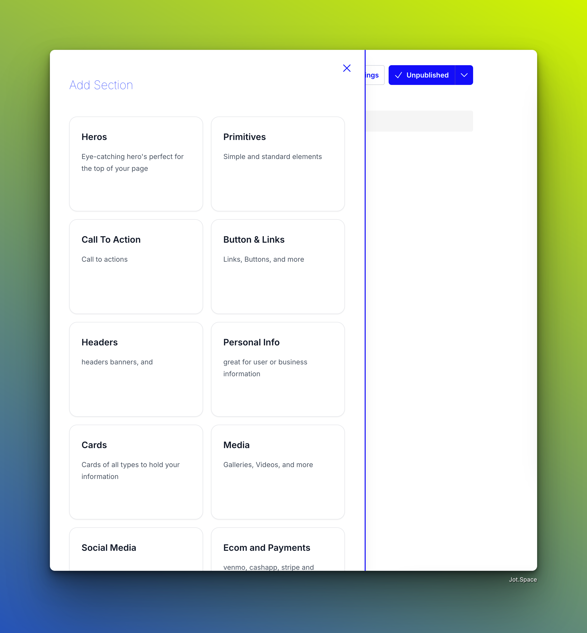 Section drawer with categories