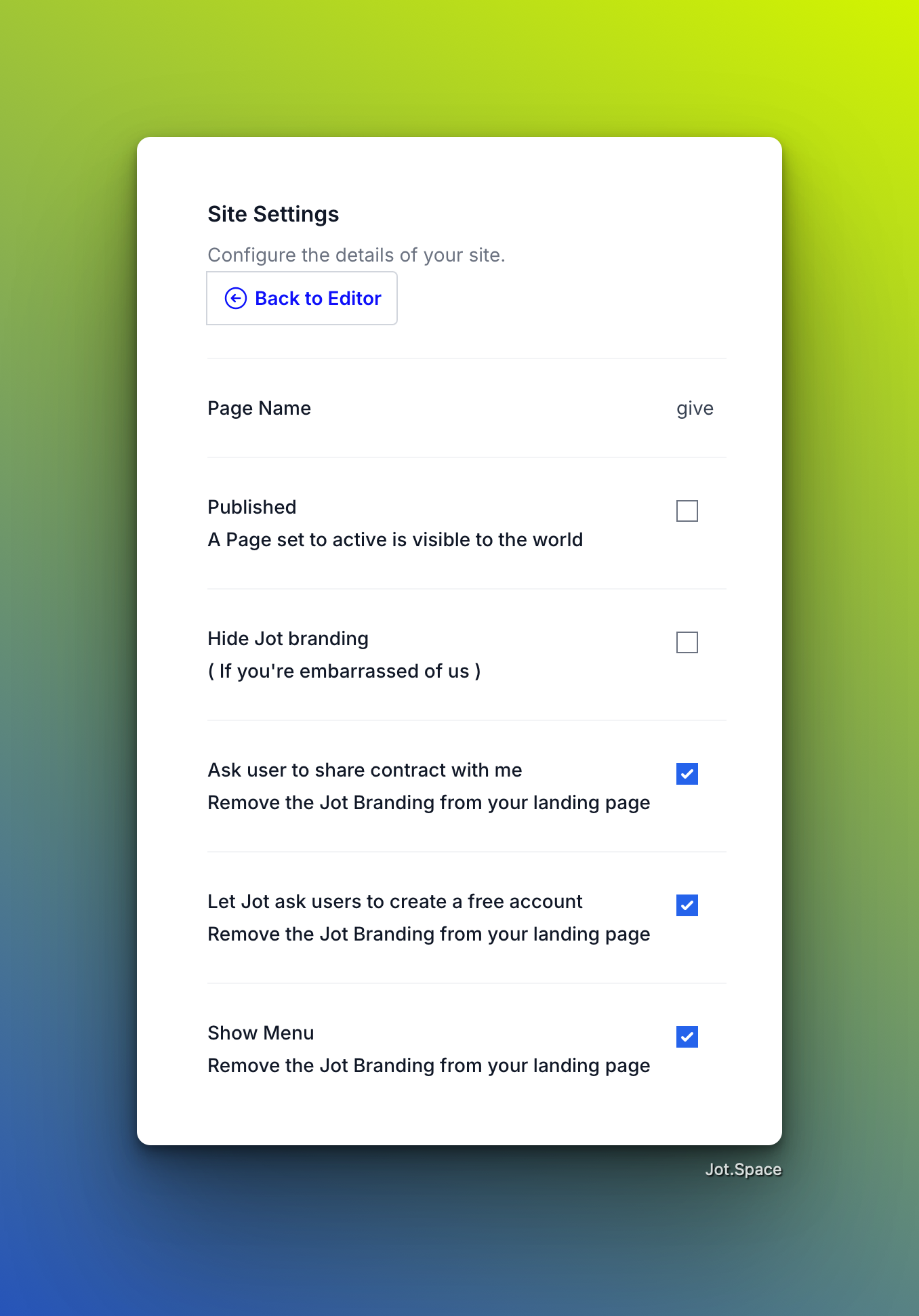 Site Settings Panel